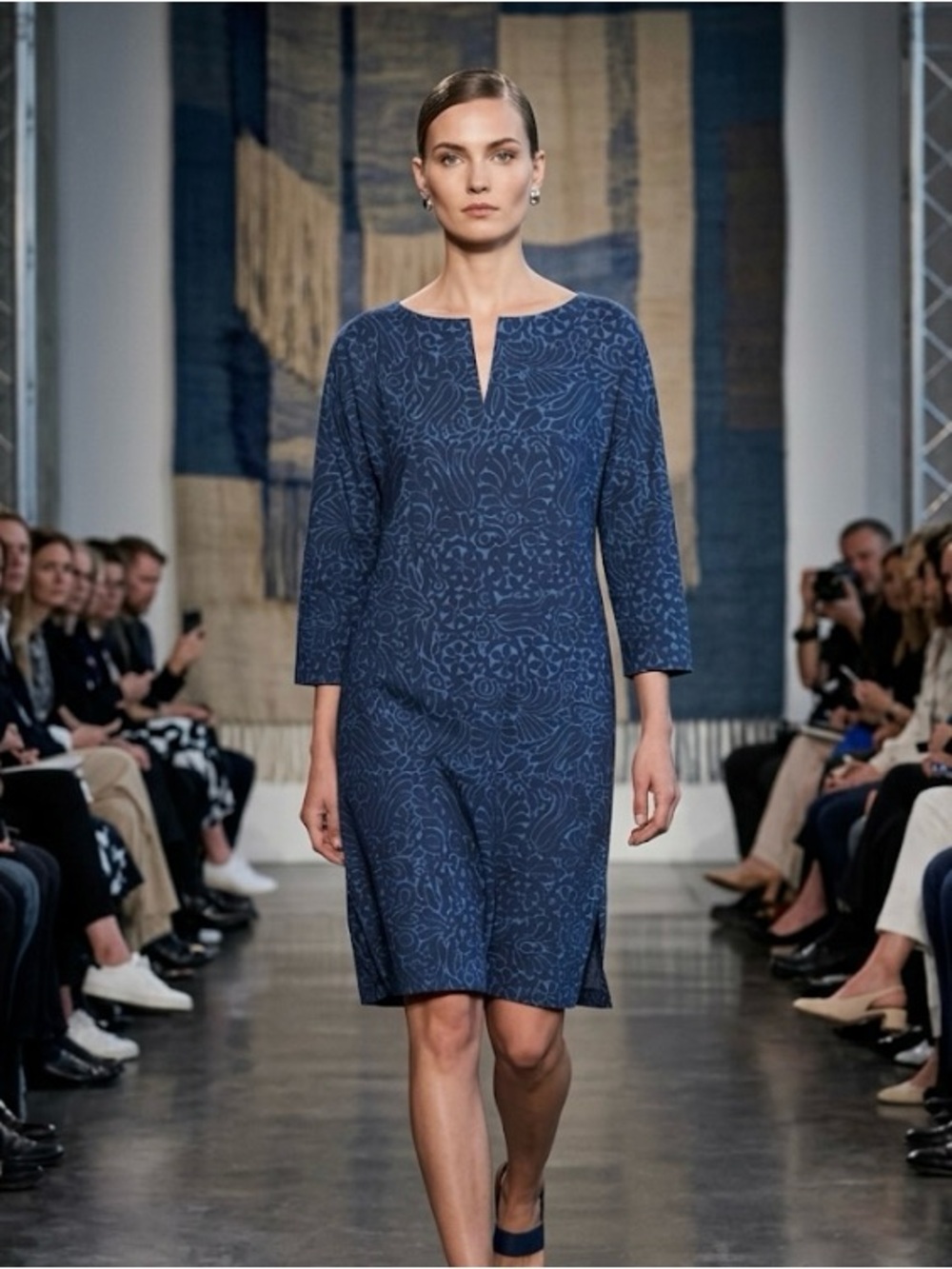 Marimekko Blue Floral-Pattern Long Sleeve Shift Dress